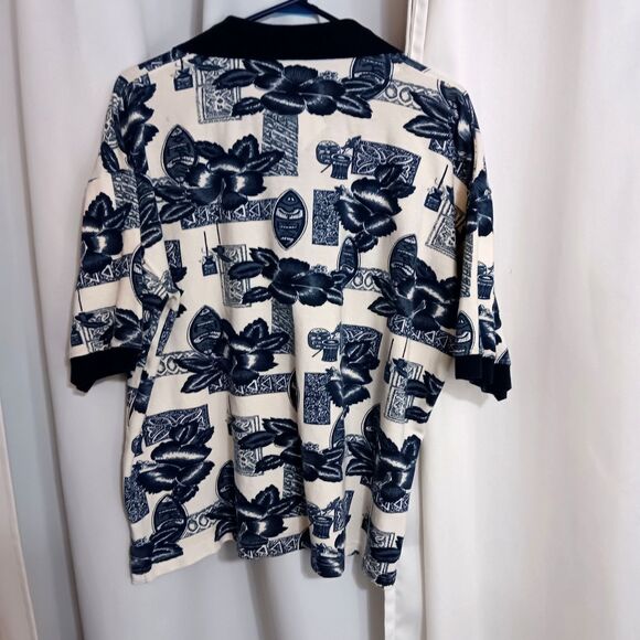 Vtg 90's Bogari Studio LX Blue Hawaiian Tribal Print Knit Polo Shirt Italy - Picture 6 of 9